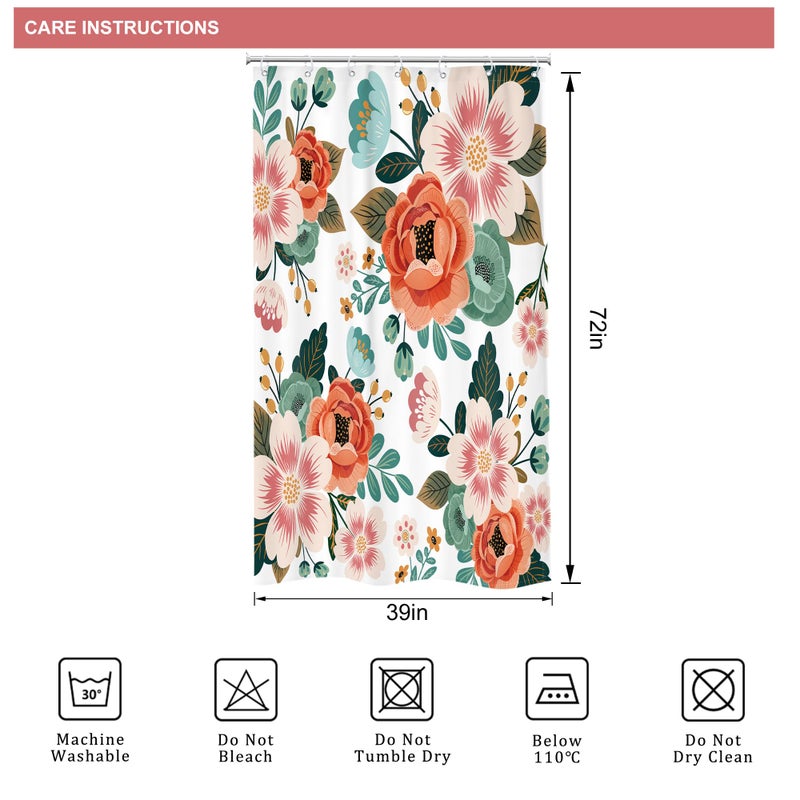 Riyidecor Small Stall Shower Curtain 36Wx72H Inch Half Narrow RV Spring Floral Flower Bathtub Decor Walkin Leaves Green Bathroom Decor Fabric Panel Polyester Waterproof 7 Pack Plastic Hooks - Image 3